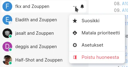 Matrix-huoneen valikko, jossa on Poistu huoneesta -toiminto