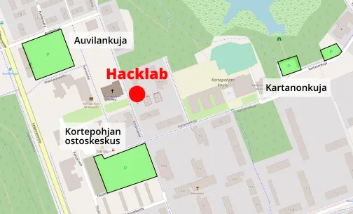 Kartta Kortepohjan ostoskeskuksen, Auvilankujan ja Kartanonkujan pysäköintipaikoista